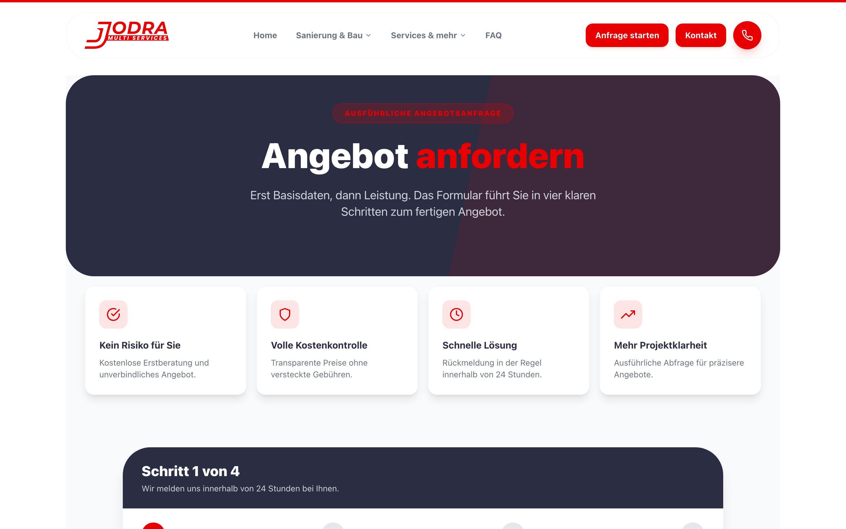 Vierstufiges Anfrageformular von Jodra Multiservices