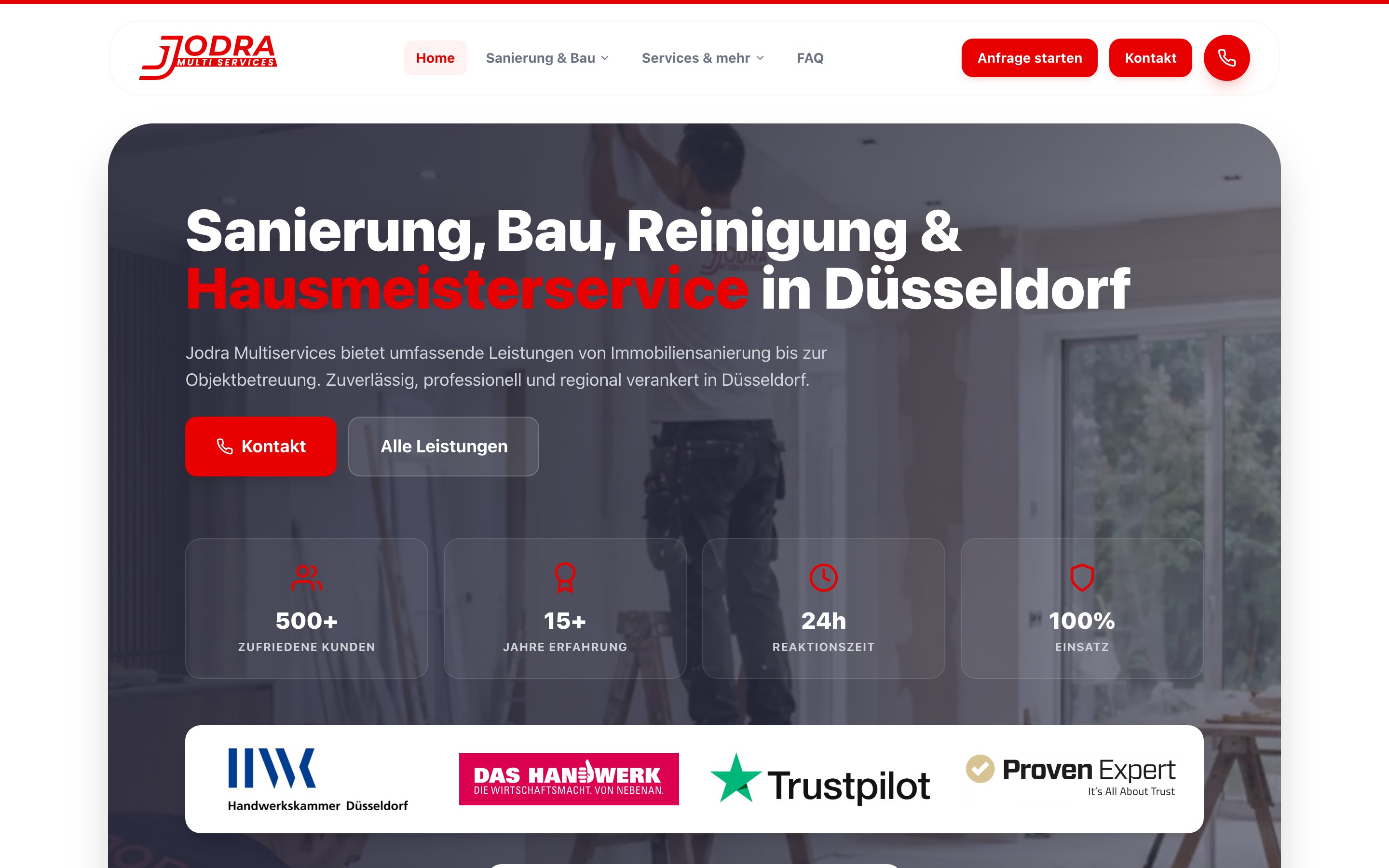 Startseite von Jodra Multiservices mit den Leistungsbereichen