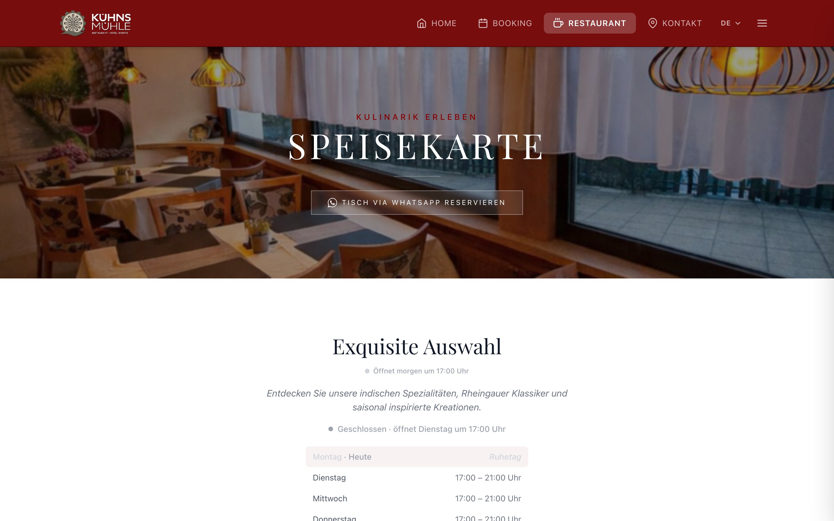 Speisekarte von Kühn's Mühle mit Kategorien und Suche
